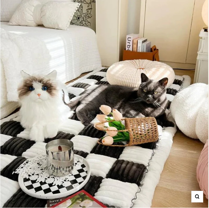 Cream-colored Large Plaid Square Pet Mat Bed Couch Cover